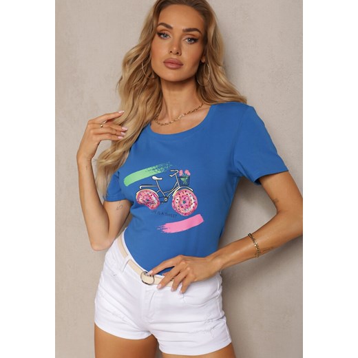 Granatowy T-shirt Bawełniany z Nadrukiem i Cyrkoniami Ebilane ze sklepu Renee odzież w kategorii Bluzki damskie - zdjęcie 171691849
