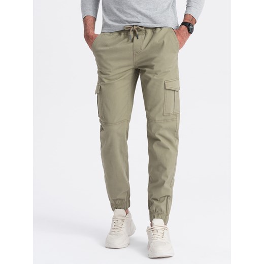 Spodnie męskie JOGGERY z zapinanymi kieszeniami cargo - khaki V1 OM-PAJO-0123 ze sklepu ombre w kategorii Spodnie męskie - zdjęcie 171691959