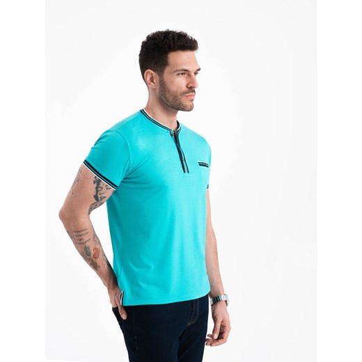 T-shirt męski henley ozdobnymi ściągaczami - turkusowy V7 OM-TSCT-0175 ze sklepu ombre w kategorii T-shirty męskie - zdjęcie 171691966