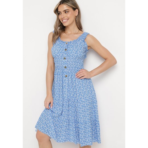 Niebieska Rozkloszowana Sukienka z Bawełny na Szerokich Ramiączkach z Gumką w Pasie Bellawish ze sklepu Born2be Odzież w kategorii Sukienki - zdjęcie 171695356