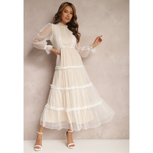 Biała Tiulowa Sukienka Maxi ze Wstawkami z Koronki i Ozdobnymi Guzikami Aovena ze sklepu Renee odzież w kategorii Sukienki - zdjęcie 171695475