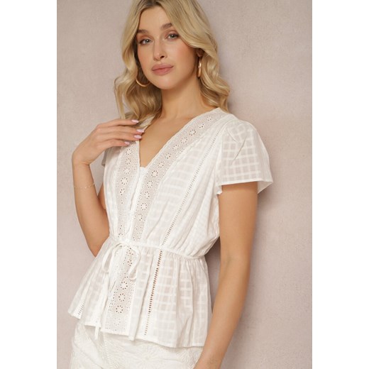 Biała Koszula z Bawełny z Gumką w Pasie i Koronkowymi Wstawkami Fialetta ze sklepu Renee odzież w kategorii Koszule damskie - zdjęcie 171695555