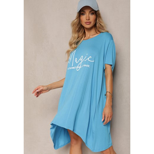 Niebieska Asymetryczna Sukienka Tunika z Wiskozy Ozdobiona Napisem Fiatta ze sklepu Renee odzież w kategorii Sukienki - zdjęcie 171695639