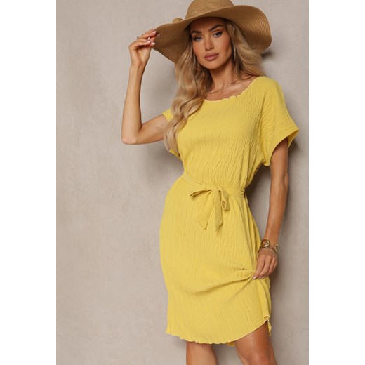 Żółta Sukienka o Pudełkowym Kroju i Paskiem w Talii Tiarina ze sklepu Renee odzież w kategorii Sukienki - zdjęcie 171695719