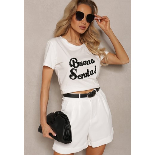 Biały Casualowy T-shirt z Bawełny Wykończony Cyrkoniowym Napisem Lavisha ze sklepu Renee odzież w kategorii Bluzki damskie - zdjęcie 171695819