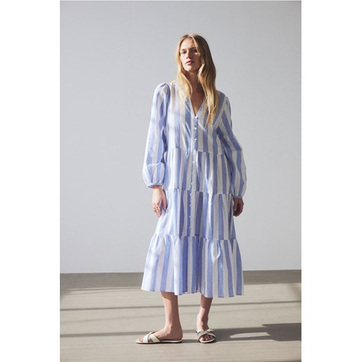 H & M - Falbaniasta sukienka z domieszką lnu - Niebieski H & M L H&M