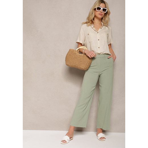 Zielone Wiskozowe Spodnie z Lnem z Szerokimi Nogawkami Lomera ze sklepu Renee odzież w kategorii Spodnie damskie - zdjęcie 171697647