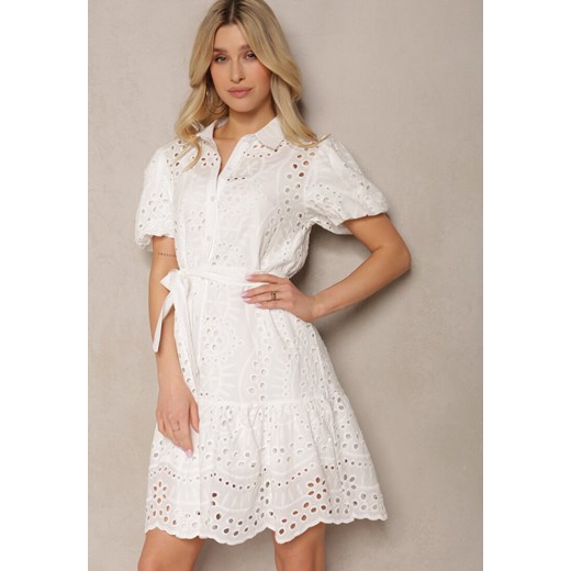Biała Bawełniana Sukienka Ażurowa z Materiałowym Paskiem i Guzikami Tiimaia ze sklepu Renee odzież w kategorii Sukienki - zdjęcie 171697877