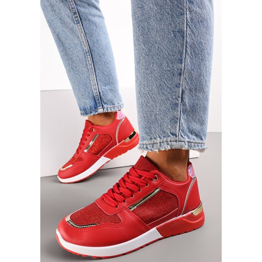 Czerwone Płaskie Sneakersy Sznurowane z Brokatowymi Wstawkami Raflia ze sklepu renee.pl w kategorii Buty sportowe damskie - zdjęcie 171856707