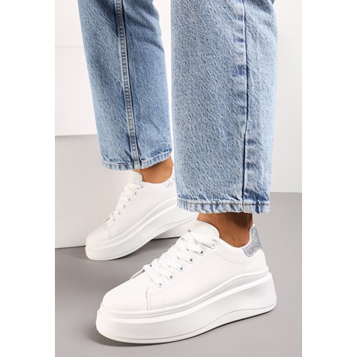 Biało-Srebrne Sneakersy Ozdobione Brokatem na Platformie Aeliris Renee 39 renee.pl
