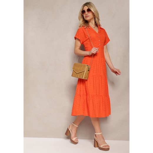 Pomarańczowa Ażurowa Sukienka z Bawełny z Krótkim Rękawem i Guzikami Obitha ze sklepu Renee odzież w kategorii Sukienki - zdjęcie 171943215