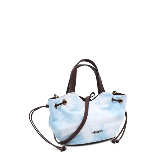 Shopper bag Pinko wakacyjna ze skóry z nadrukiem na ramię niebieska duża 
