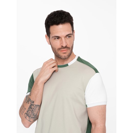 T-shirt męski z elastanem z kolorowymi rękawami - zielony V5 OM-TSCT-0176 ze sklepu ombre w kategorii T-shirty męskie - zdjęcie 171944718