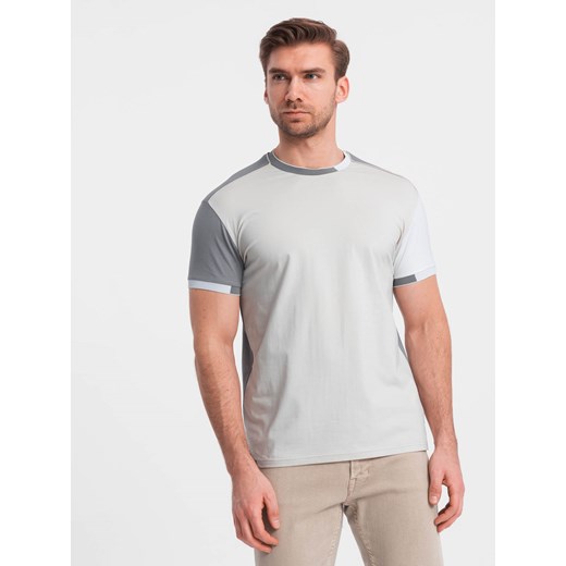 T-shirt męski z elastanem z kolorowymi rękawami - szary V4 OM-TSCT-0176 ze sklepu ombre w kategorii T-shirty męskie - zdjęcie 171944857