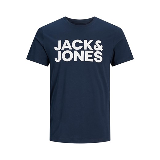 Niebieski t-shirt męski Jack & Jones bawełniany z napisami z krótkimi rękawami 