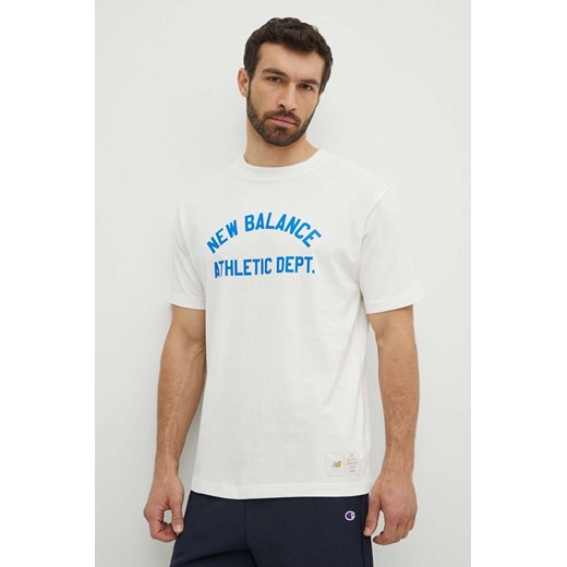 New Balance t-shirt bawełniany męski kolor beżowy z nadrukiem MT41514SST ze sklepu ANSWEAR.com w kategorii T-shirty męskie - zdjęcie 171950616