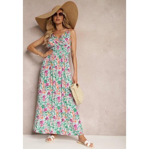 Zielono-Różowa Wiskozowa Sukienka na Lato z Podwójnymi Ramiączkami w Kwiatki z Gumką w Talii Triaire ze sklepu Renee odzież w kategorii Sukienki - zdjęcie 171959508