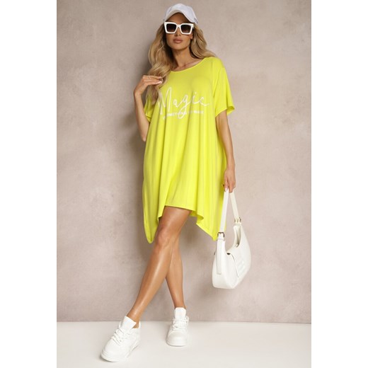 Żółta  Asymetryczna Sukienka z Wiskozy Ozdobiona Napisem Fiatta ze sklepu Renee odzież w kategorii Sukienki - zdjęcie 171959556
