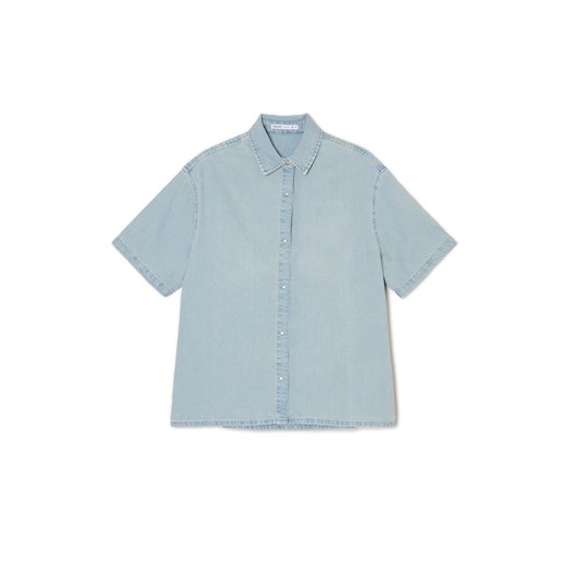 Cropp - Koszula denim oversize z krótkim rękawem - niebieski ze sklepu Cropp w kategorii Koszule damskie - zdjęcie 171963849