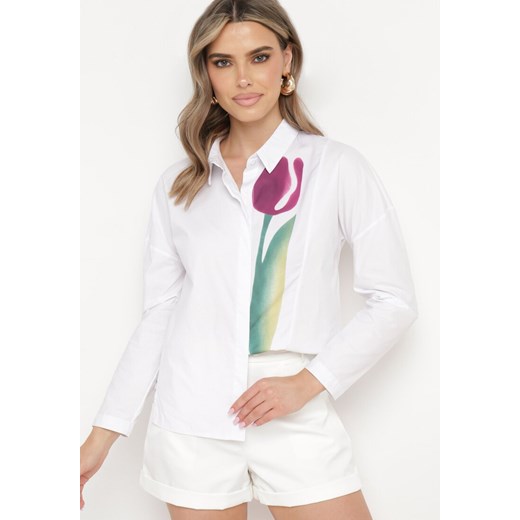 Biała Koszula z Nadrukiem Tulipana z Bawełny Aelirava ze sklepu Born2be Odzież w kategorii Koszule damskie - zdjęcie 171995837