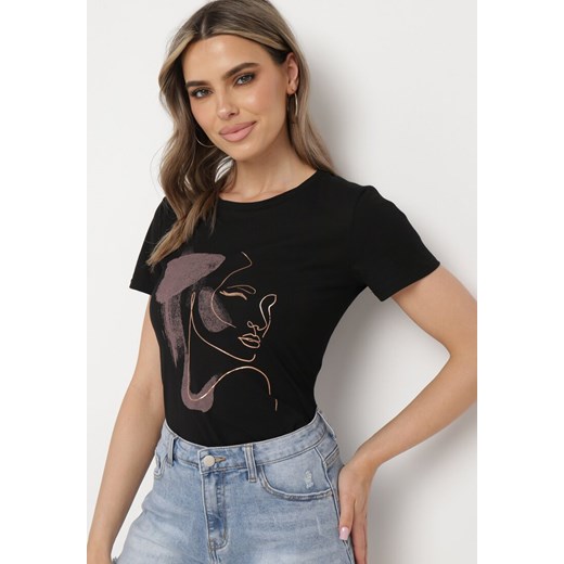 Czarny T-shirt z Bawełny z Krótkim Rękawem i Nadrukiem Tiaressa ze sklepu Born2be Odzież w kategorii Bluzki damskie - zdjęcie 171996078