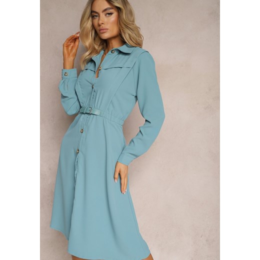 Niebieska  Koszulowa Sukienka z Gumką w Talii i Paskiem z Klamerką Jenele ze sklepu Renee odzież w kategorii Sukienki - zdjęcie 171996459