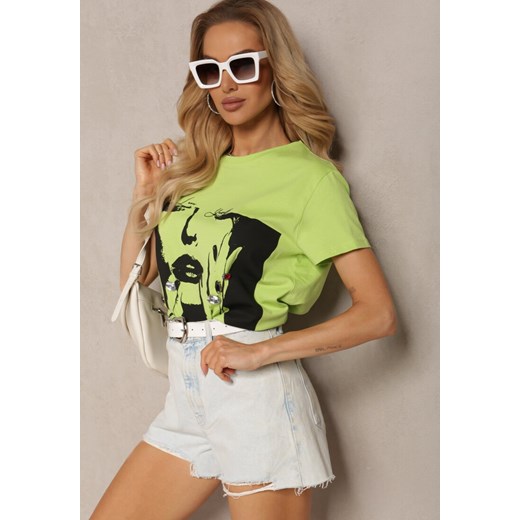 Jasnozielony T-shirt z Bawełny Ozdobiony Nadrukiem i Cyrkoniami Chinelia ze sklepu Renee odzież w kategorii Bluzki damskie - zdjęcie 171996629