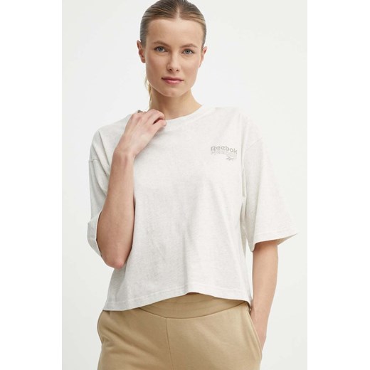 Reebok t-shirt bawełniany damski kolor beżowy 100075401 ze sklepu ANSWEAR.com w kategorii Bluzki damskie - zdjęcie 172010376
