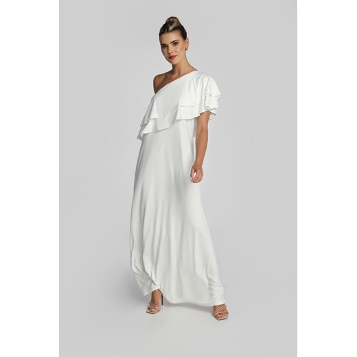 Sukienka biała z krótkimi rękawami na wiosnę maxi z dekoltem typu hiszpanka elegancka 