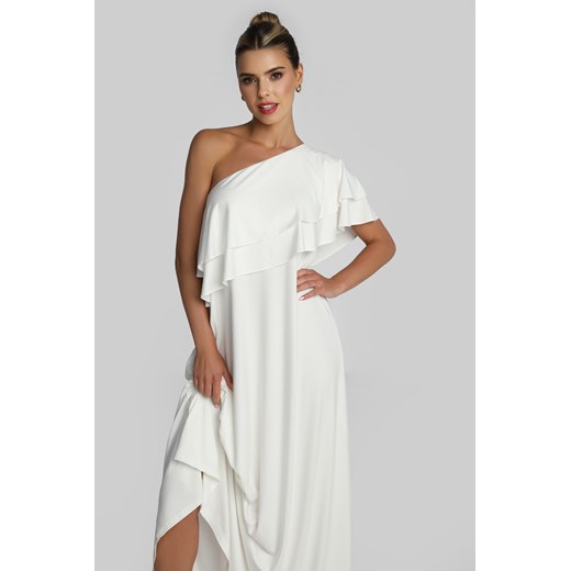 Sukienka z krótkimi rękawami elegancka biała z dekoltem typu hiszpanka 
