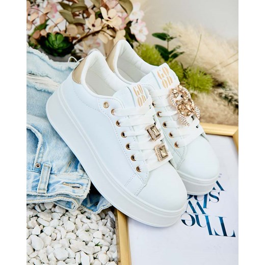 Białe buty sportowe damskie Royalfashion.pl sneakersy sznurowane na płaskiej podeszwie 