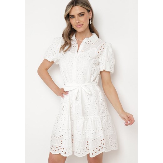 Biała Ażurowa Sukienka z Bawełny z Guzikami i Paskiem w Talii Timagga ze sklepu Born2be Odzież w kategorii Sukienki - zdjęcie 172018646