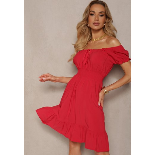 Czerwona Sukienka z Wiskozy z Gumkami w Talii i Dekoltem ze Ściągaczem Tiimazela ze sklepu Renee odzież w kategorii Sukienki - zdjęcie 172019249