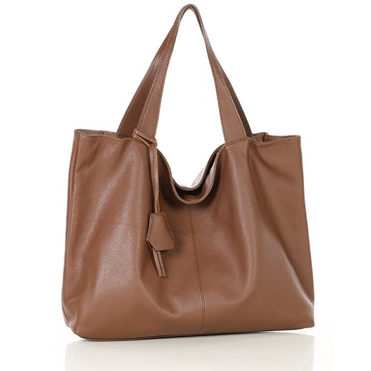 Duża torba shopper z przegrodą skóra naturalna - MARCO MAZZINI brązowa ze sklepu Verostilo w kategorii Torby Shopper bag - zdjęcie 172020928
