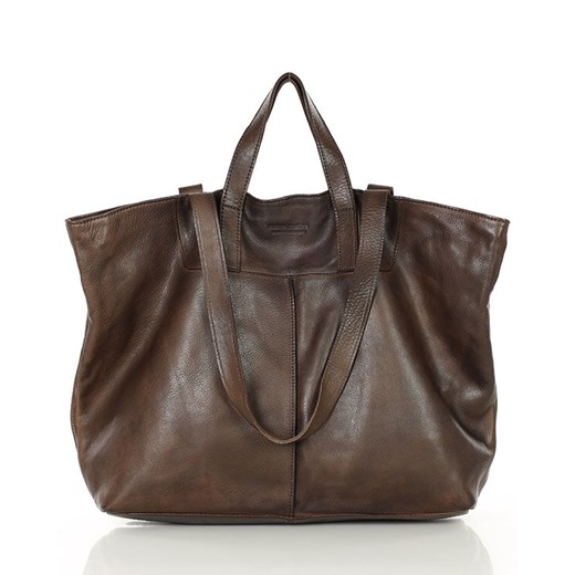 Duża torba shopper skórzana podwójne rączki - MARCO MAZZINI ciemny brąz ze sklepu Verostilo w kategorii Torby Shopper bag - zdjęcie 172020985
