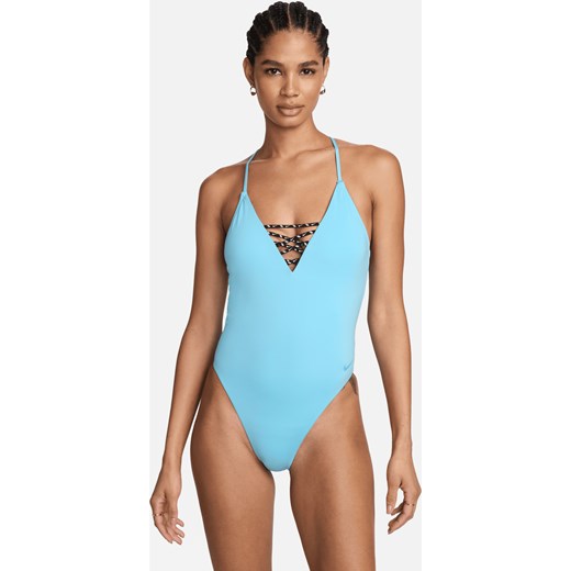 Damski jednoczęściowy kostium kąpielowy z ramiączkami skrzyżowanymi na plecach Nike Swim Sneakerkini 2.0 - Niebieski ze sklepu Nike poland w kategorii Stroje kąpielowe - zdjęcie 172023819