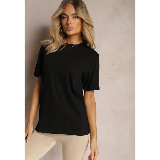 Czarna Klasyczna Koszulka z Bawełny z Podwiniętymi Rękawkami Oboea ze sklepu Renee odzież w kategorii Bluzki damskie - zdjęcie 172029969