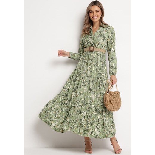 Jasnozielona Sukienka z Roślinnym Wzorem i Plecionym Paskiem Nouylas ze sklepu Born2be Odzież w kategorii Sukienki - zdjęcie 172031318