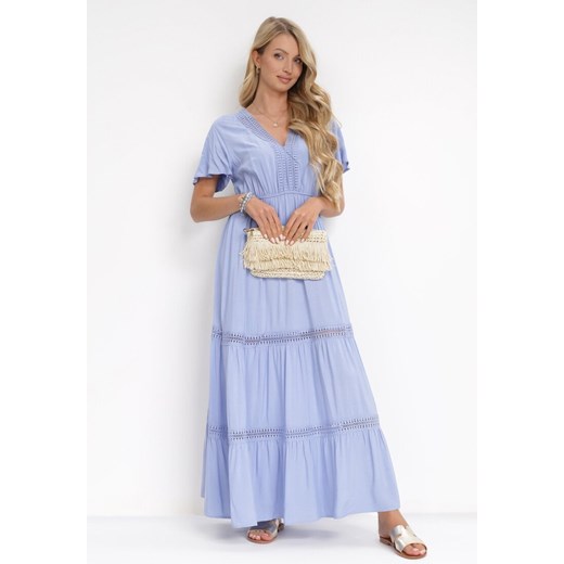 Jasnoniebieska Sukienka Maxi z Gumką w Talii i Koronkowymi Lamówkami Kelbie ze sklepu Born2be Odzież w kategorii Sukienki - zdjęcie 172031455