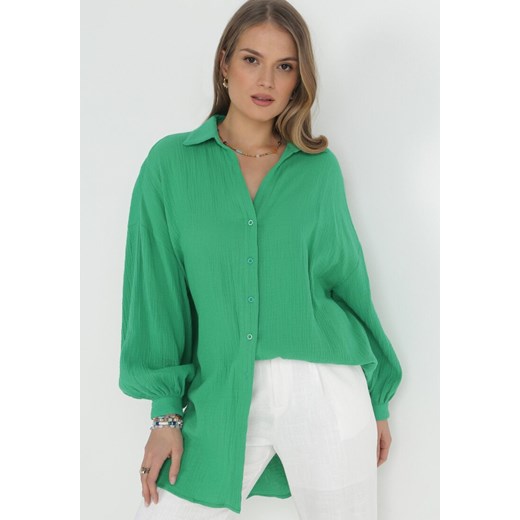 Zielona Bawełniana Koszula o Długim Fasonie Oversize Atherene ze sklepu Born2be Odzież w kategorii Koszule damskie - zdjęcie 172031505