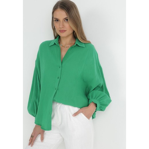Zielona Bawełniana Koszula Oversize z Szerokimi Rękawami Melillia L Born2be Odzież