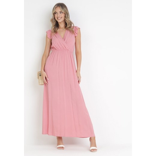 Różowa Sukienka Maxi z Gumką w Talii z Falbankami z Wiskozy Harria ze sklepu Born2be Odzież w kategorii Sukienki - zdjęcie 172031555