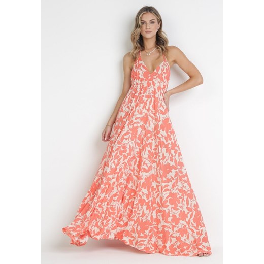 Pomarańczowa Rozkloszowana Sukienka Maxi z Odkrytymi Plecami z Wiskozy Olythy ze sklepu Born2be Odzież w kategorii Sukienki - zdjęcie 172031579