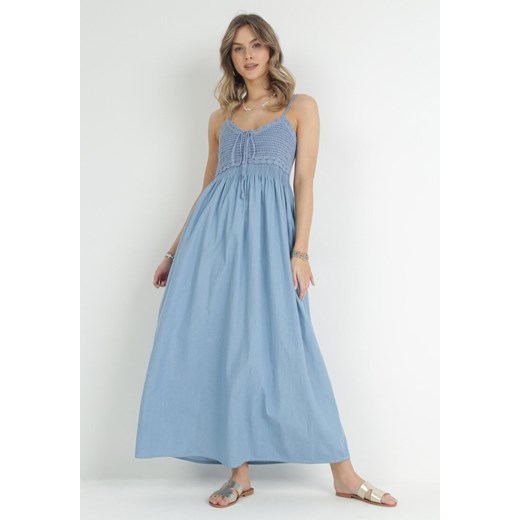 Jasnoniebieska Bawełniana Sukienka Maxi z Szydełkową Górą i Cienkimi Gumkami w Pasie Lemeth ze sklepu Born2be Odzież w kategorii Sukienki - zdjęcie 172031625