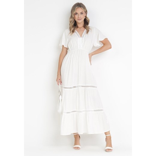 Biała Sukienka Maxi z Gumką w Pasie i Koronkowymi Wstawkami Anandia ze sklepu Born2be Odzież w kategorii Sukienki - zdjęcie 172031845