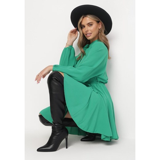 Zielona Koszulowa Sukienka Rozkloszowana z Paskiem Faithe ze sklepu Born2be Odzież w kategorii Sukienki - zdjęcie 172031859