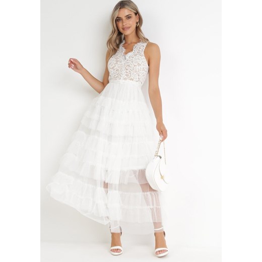 Biała Sukienka Maxi z Tiulowym Dołem i Koronkową Górą Deliva ze sklepu Born2be Odzież w kategorii Sukienki - zdjęcie 172031895
