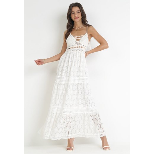 Biała Sukienka Maxi z Wiązaniem przy Dekolcie i Ażurowymi Wstawkami Belaida ze sklepu Born2be Odzież w kategorii Sukienki - zdjęcie 172032215