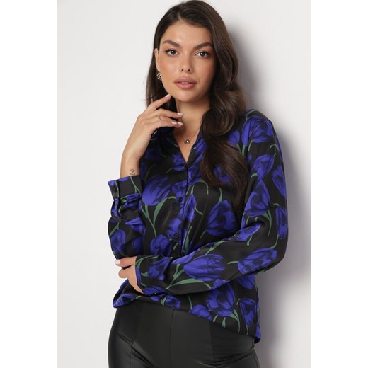 Niebiesko-Czarna Koszula w Kwiaty Abaxa ze sklepu Born2be Odzież w kategorii Koszule damskie - zdjęcie 172032687