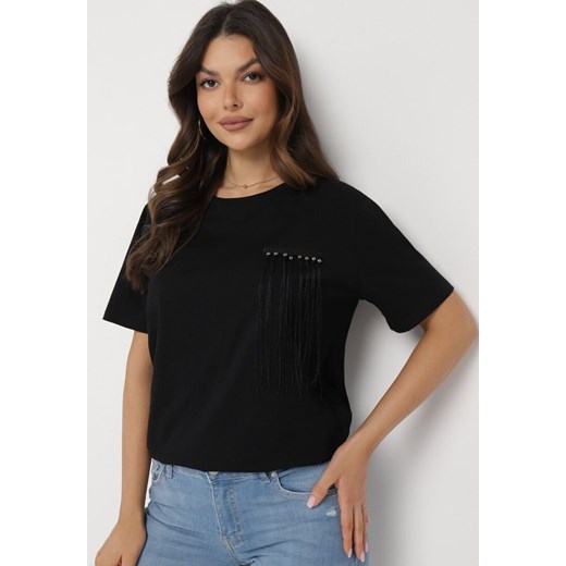 Czarny T-shirt Ozdobiony Krótkimi Frędzlami i Koralikami Ralleni ze sklepu Born2be Odzież w kategorii Bluzki damskie - zdjęcie 172033019